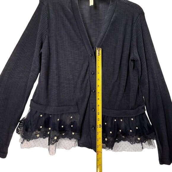 Forgotten Grace Cardigan Sheer Lace Hem Navy Blue Sweater Pearl Buttons Ribbed - Picture 14 of 15